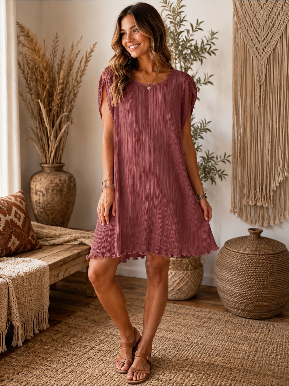 Madewell Mauve Short Sleeve Crinkled Swing Dress